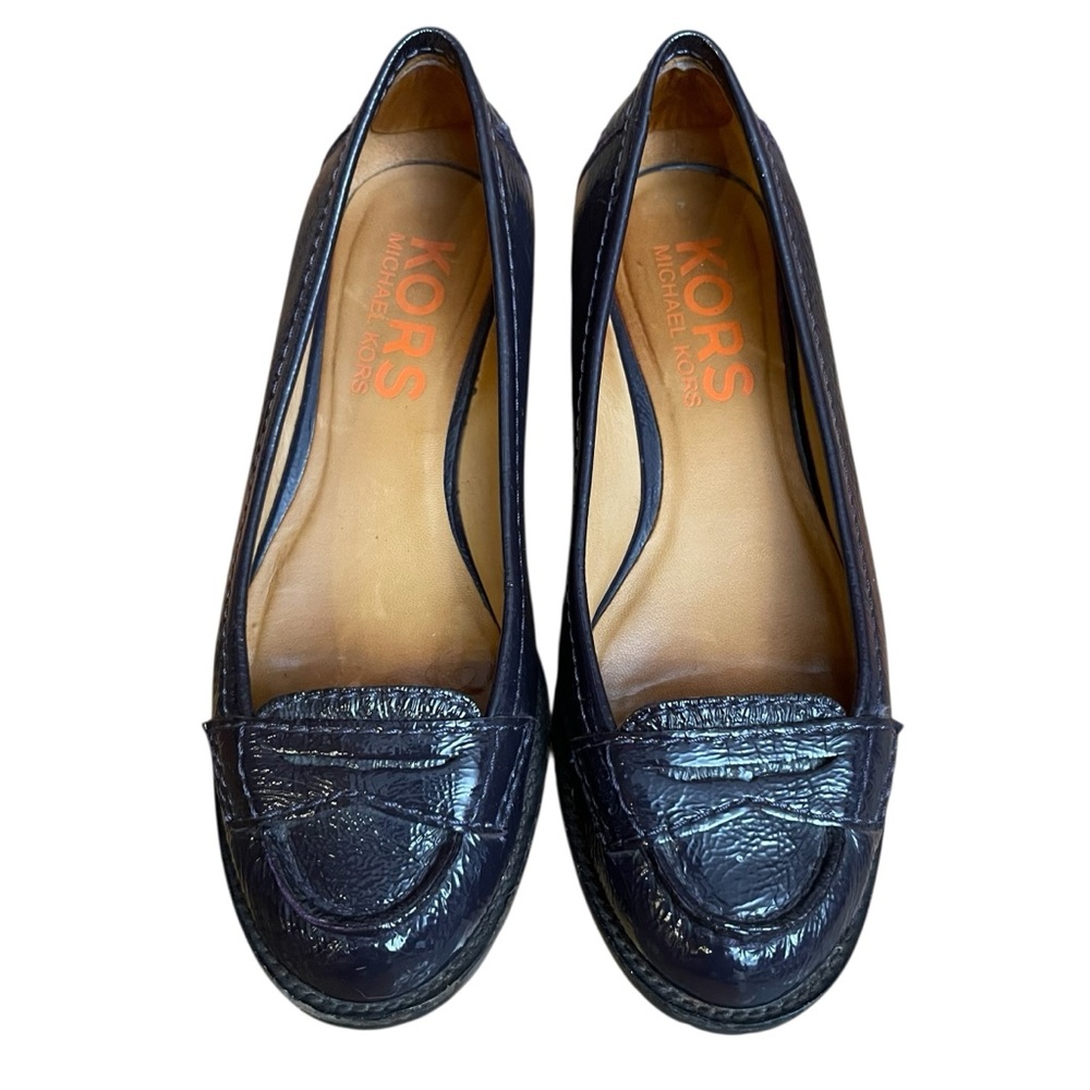 Michael Kors Dark Plum Patent Leather Penny Loafers Lug Sole Flats Size 5.5‎